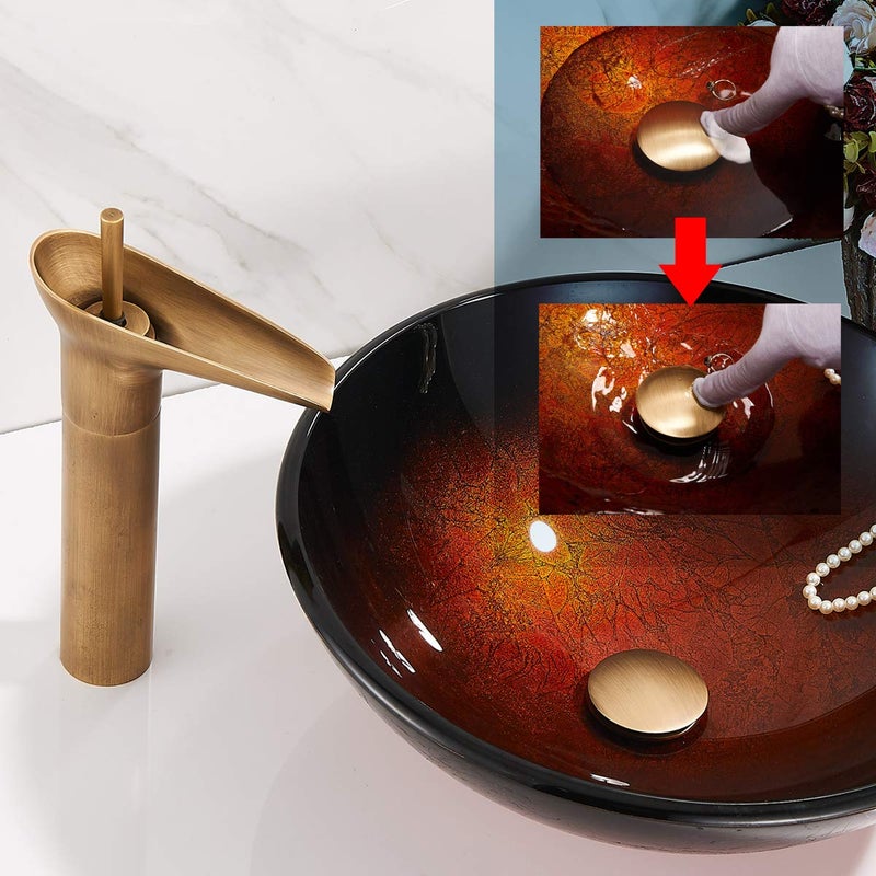 REGALMIX Antique Brass Pop UP Drain, Bathroom Vessel Lavatory Vanity Faucet Sink Stopper, Built-in Anti-Clogging Strainer, Fits Standard American Drain Hole(1-1/2" to 1-3/4"),Without Overflow RWF082S - Image 3
